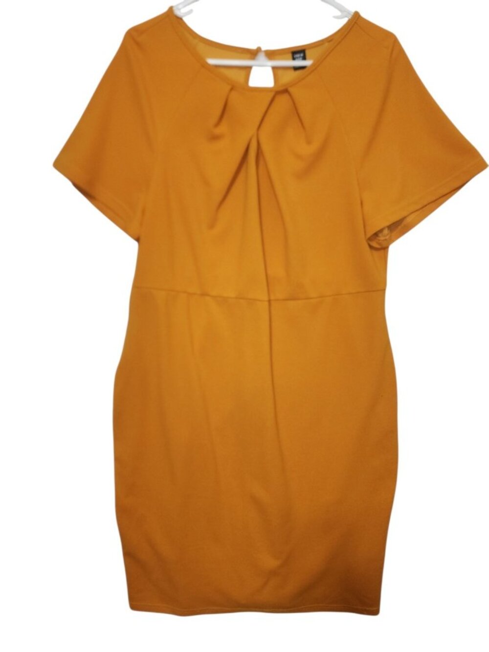Shein Curve Dress 1XL Mustard Yellow Short Sleeve Pleated Front Sheath Keyhole